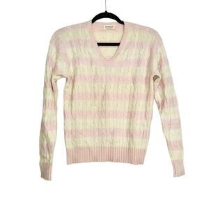 Hawick Cashmere V-Neck Cable Knit Stripe Pink Cream Sweater MEDIUM
